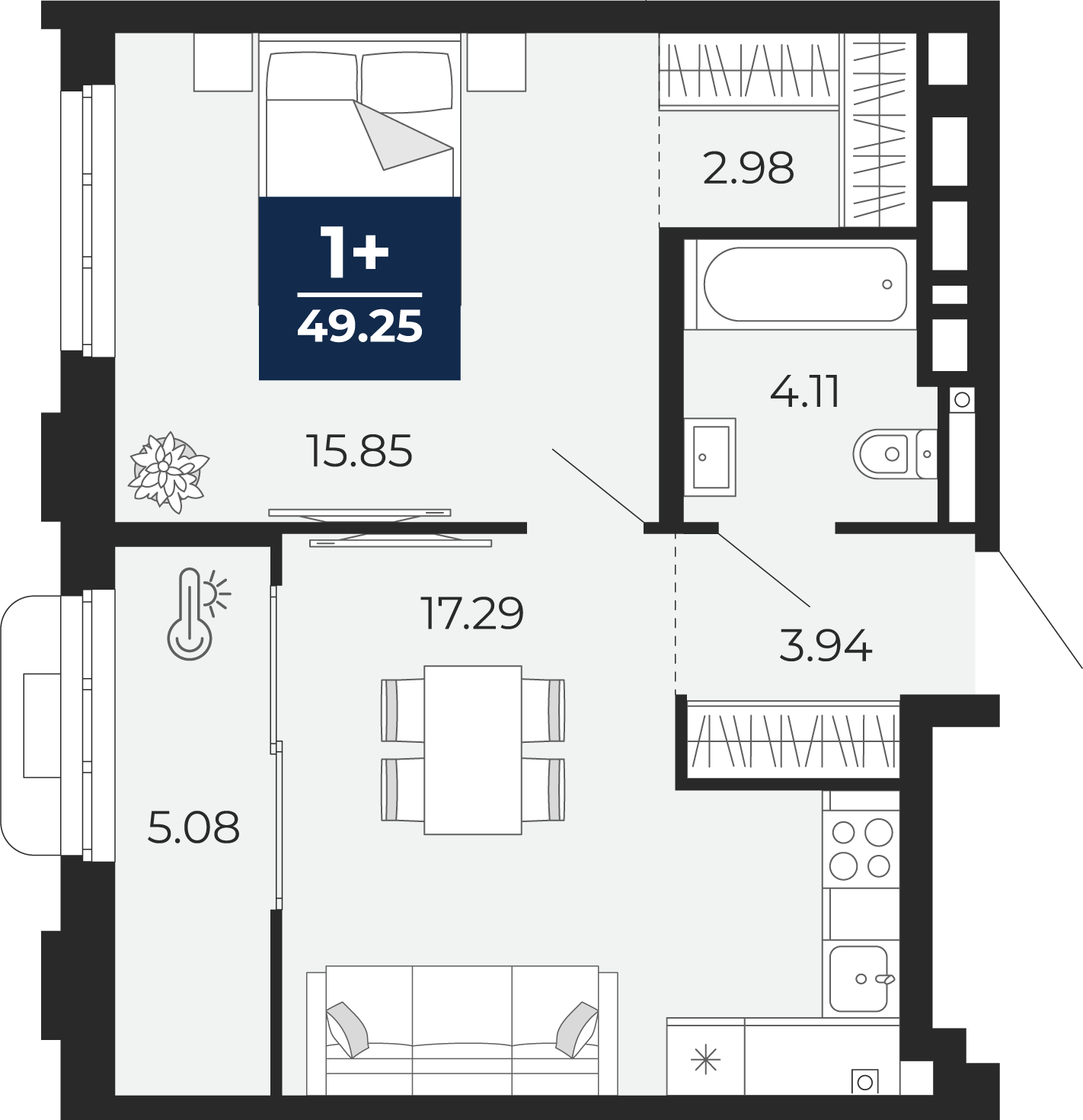 Планировка: Евродвушка 49.2 м² в ЖК Айвазовский, 5-й Заречный