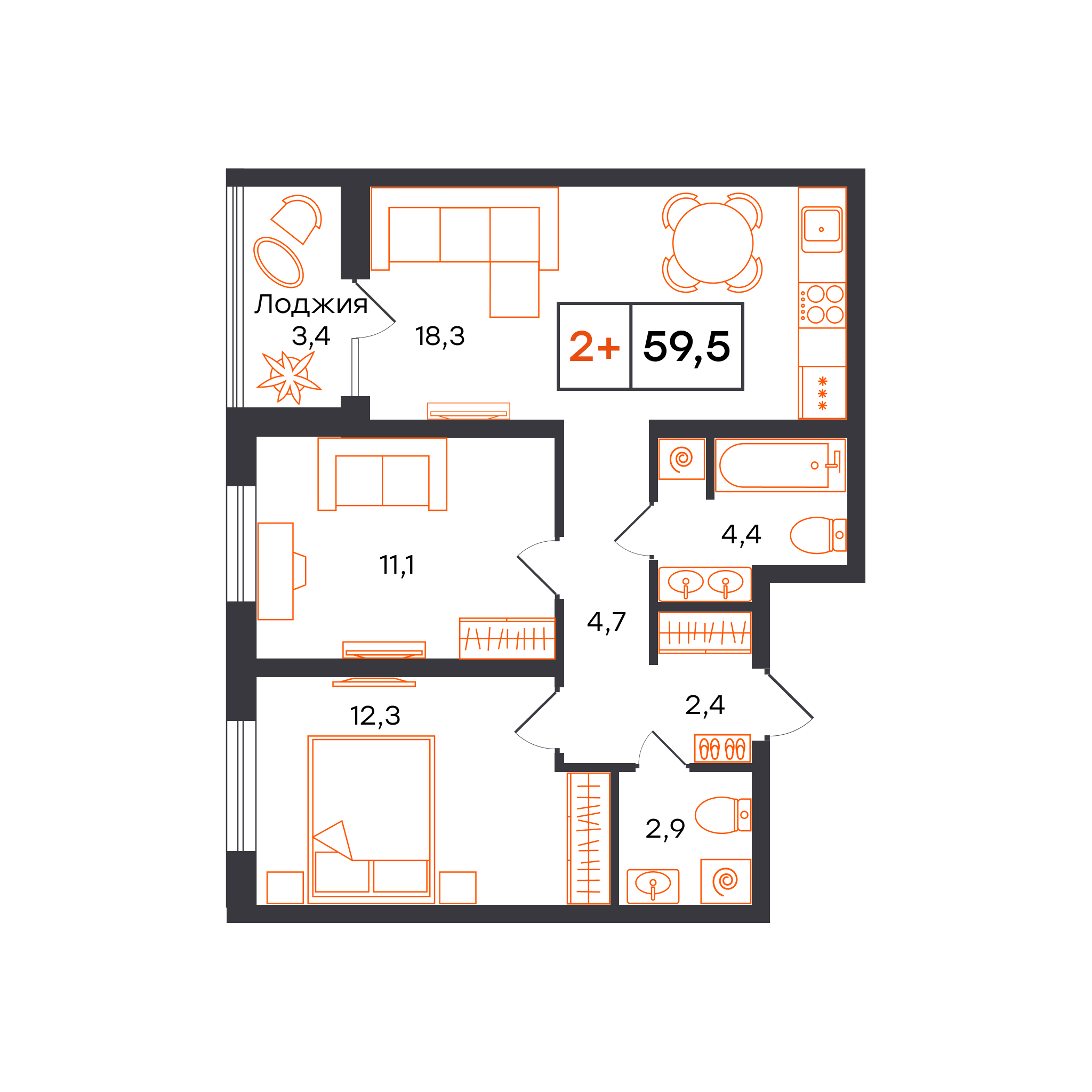 Планировка: 2-комнатная 59.5 м² в ЖК Чемпионский, Чемпионский