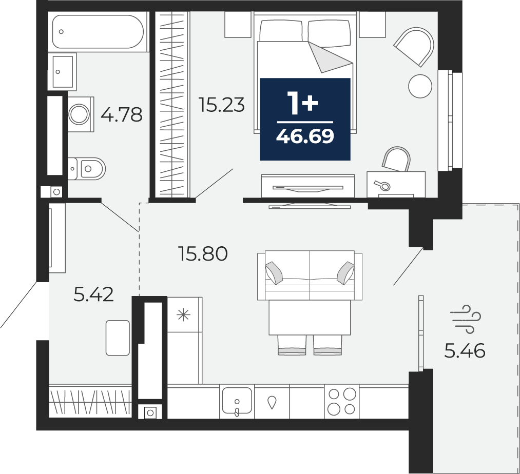 Планировка: Евродвушка 46.7 м² в ЖК Мириады, Мыс