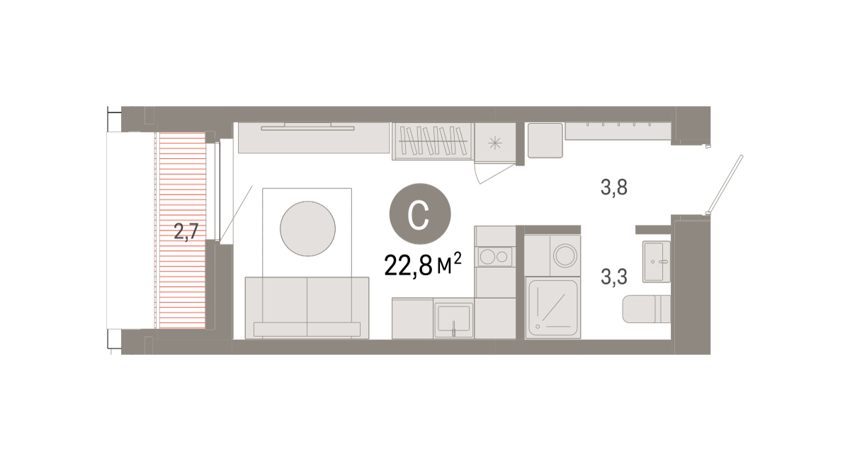 Планировка: Студия 22.8 м² в ЖК Зарека, Заречный