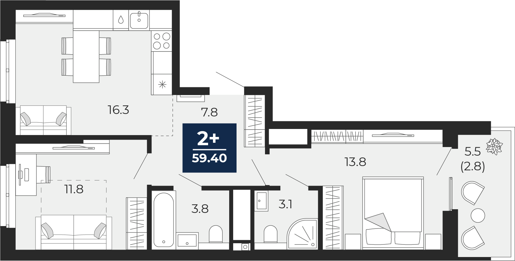 Планировка: Евротрешка 62.1 м² в ЖК Мириады, Мыс