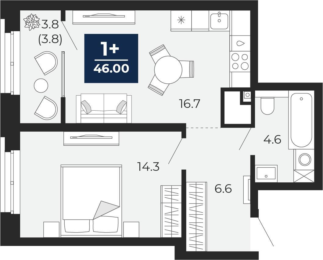 Планировка: Евродвушка 46 м² в ЖК Мириады, Мыс