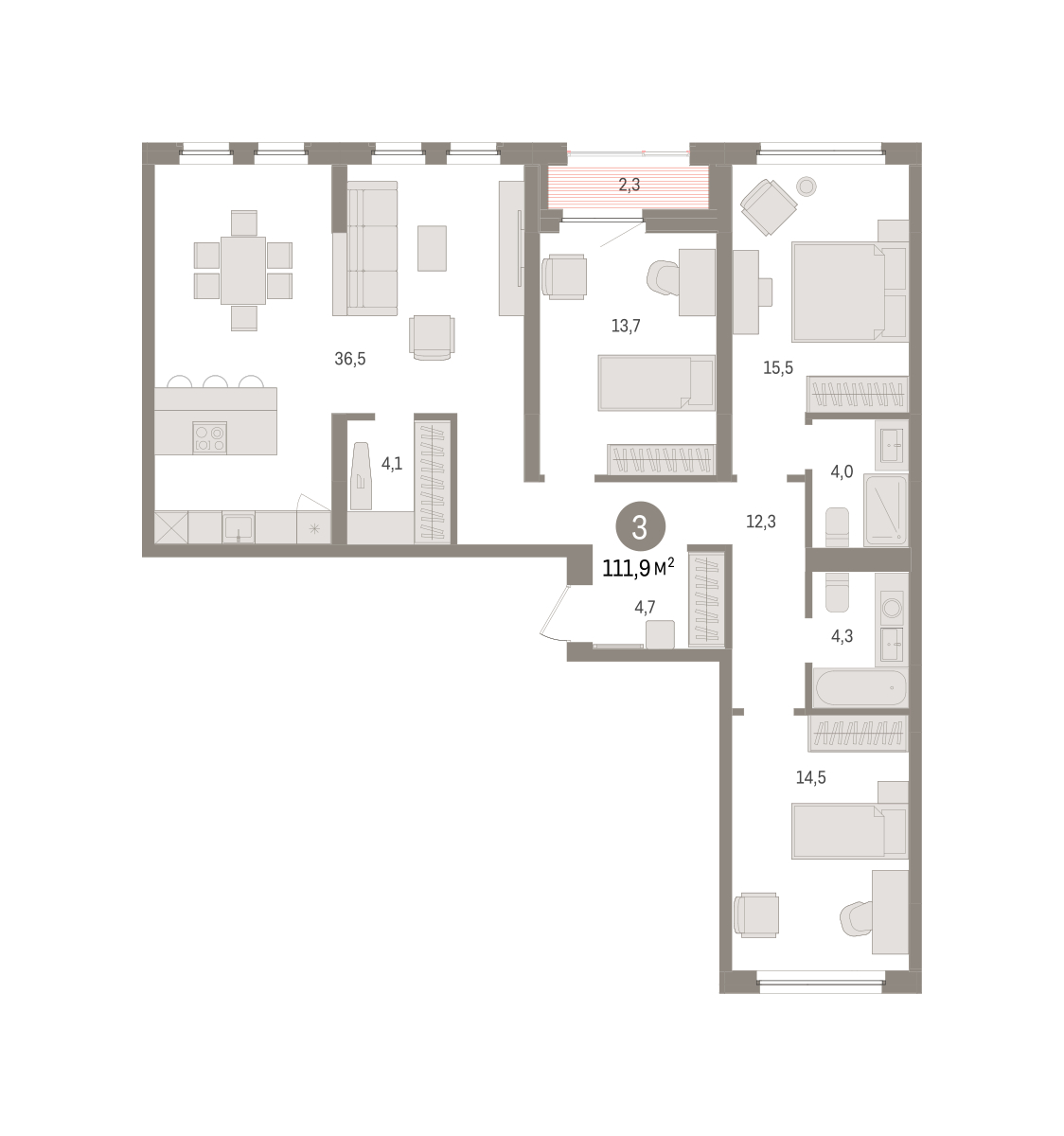 Планировка: 3-комнатная 111.9 м² в ЖК Зарека, Заречный