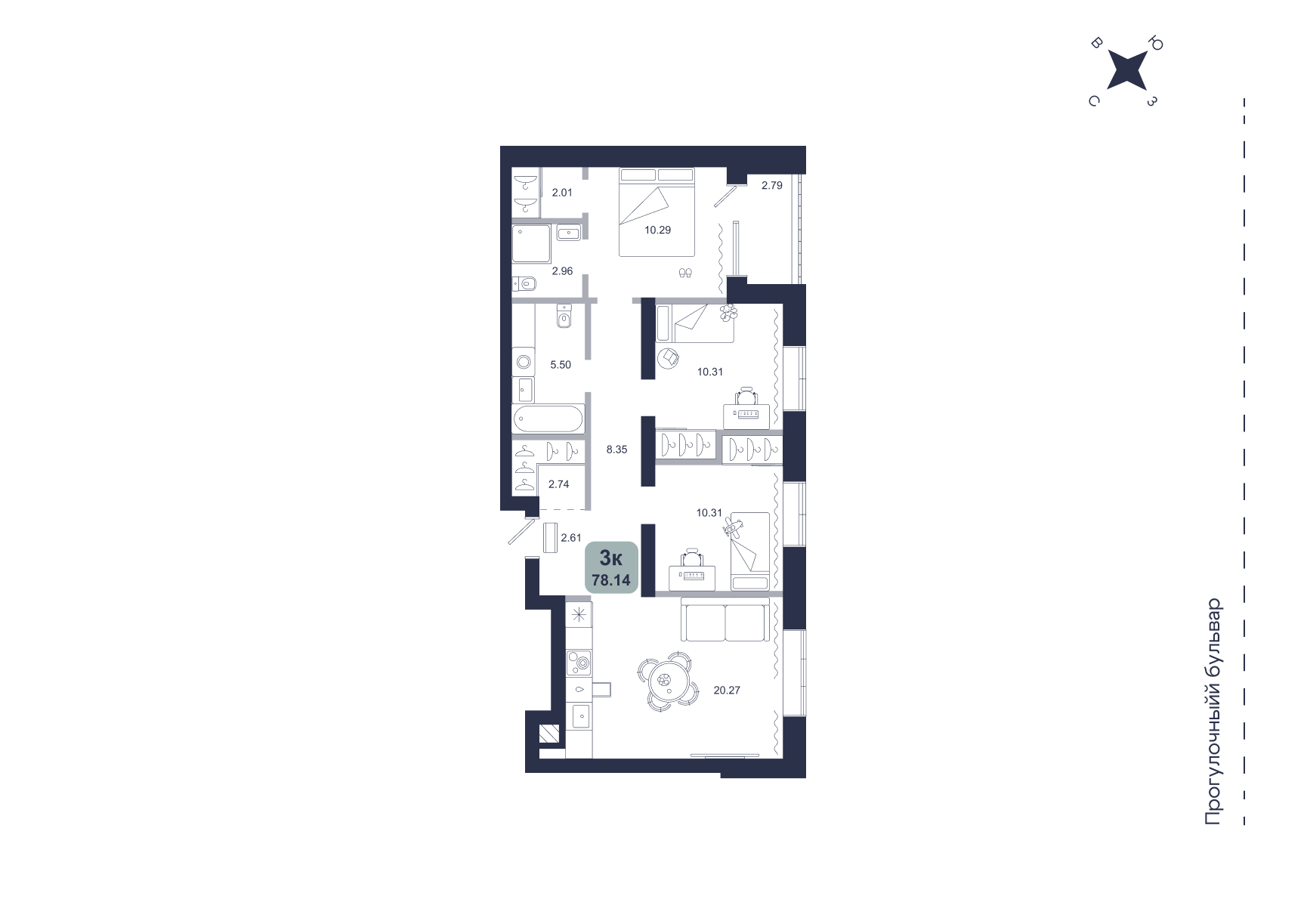 Планировка: 4-комнатная евро 78.1 м² в ЖК Хито, От Слободы до Комарово парк