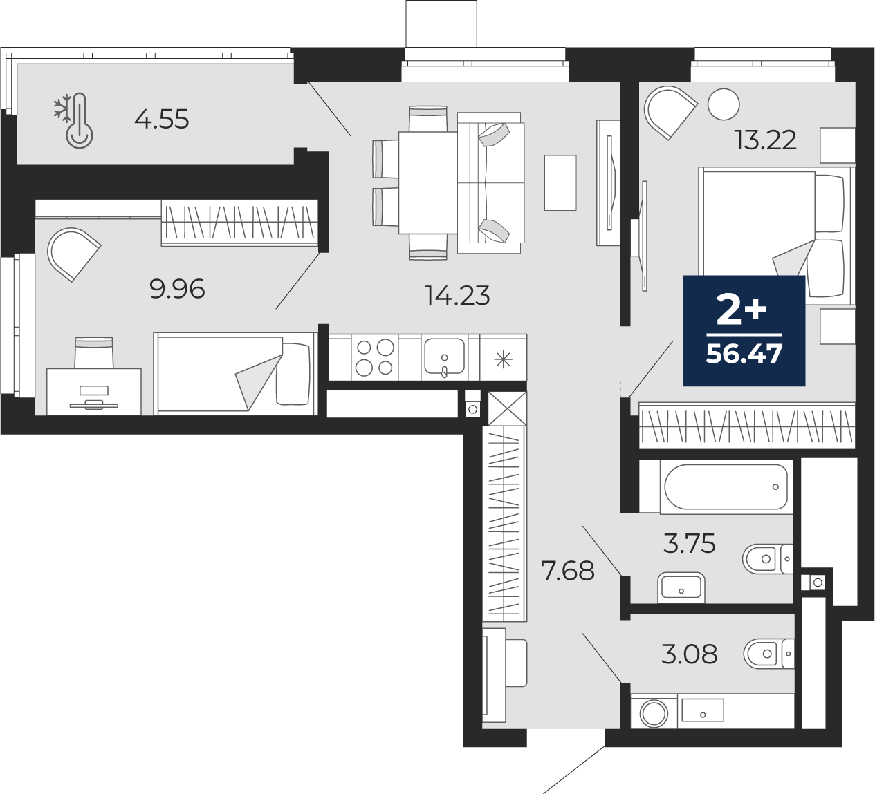 Планировка: Евротрешка 56.5 м² в ЖК Мириады, Мыс
