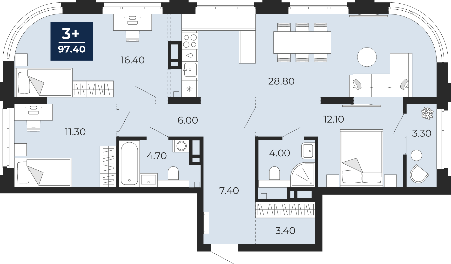 Планировка: 4-комнатная евро 97.4 м² в ЖК Айвазовский, 5-й Заречный
