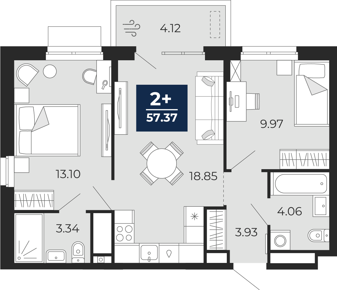 Планировка: Евротрешка 57.4 м² в ЖК Мириады, Мыс
