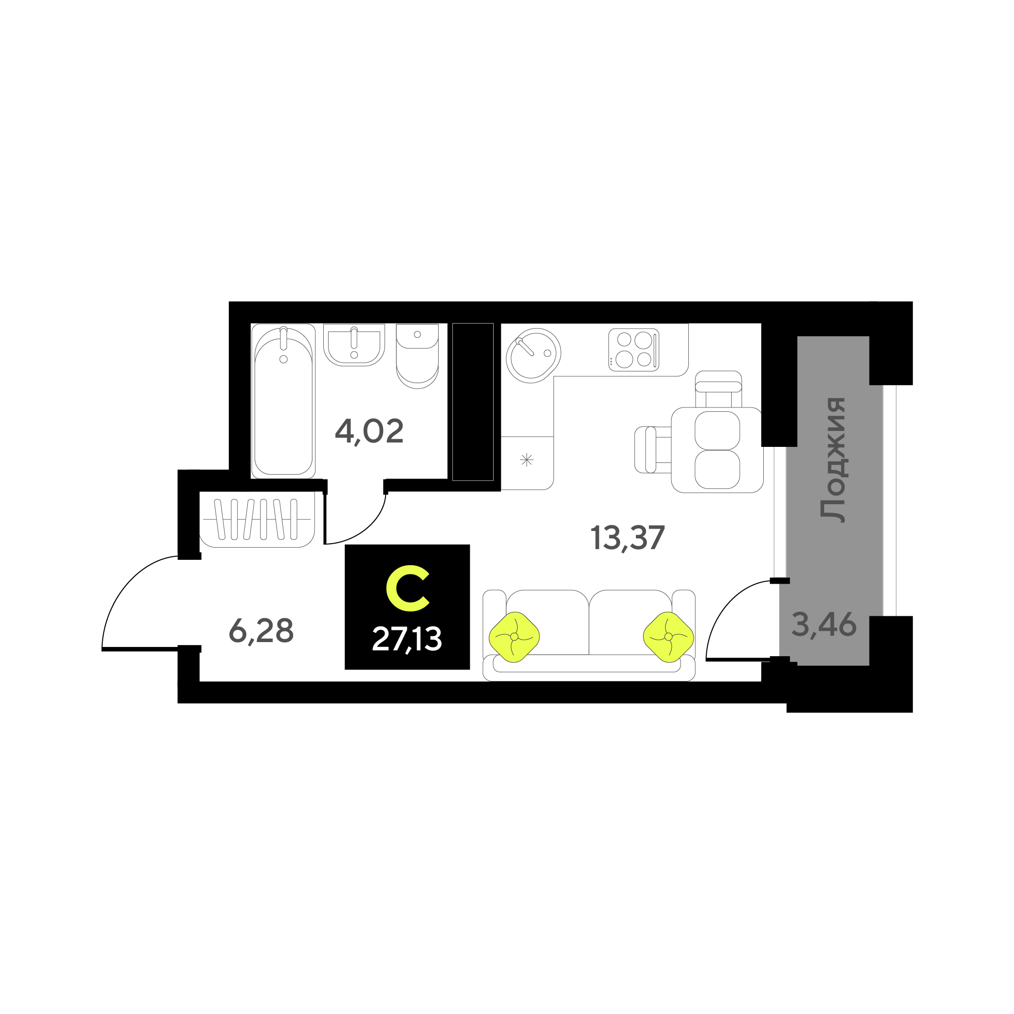 Планировка: Студия 27.1 м² в ЖК Окинава, 5-й Заречный