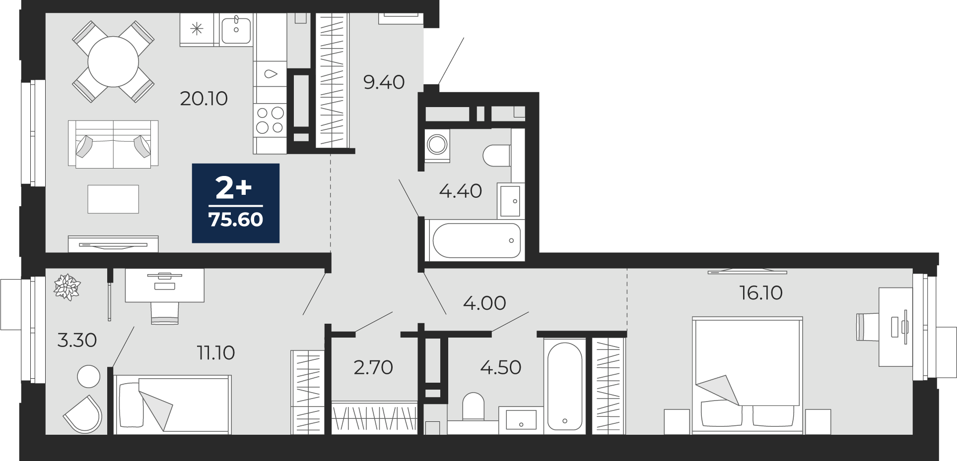 Планировка: Евротрешка 75.6 м² в ЖК Айвазовский, 5-й Заречный