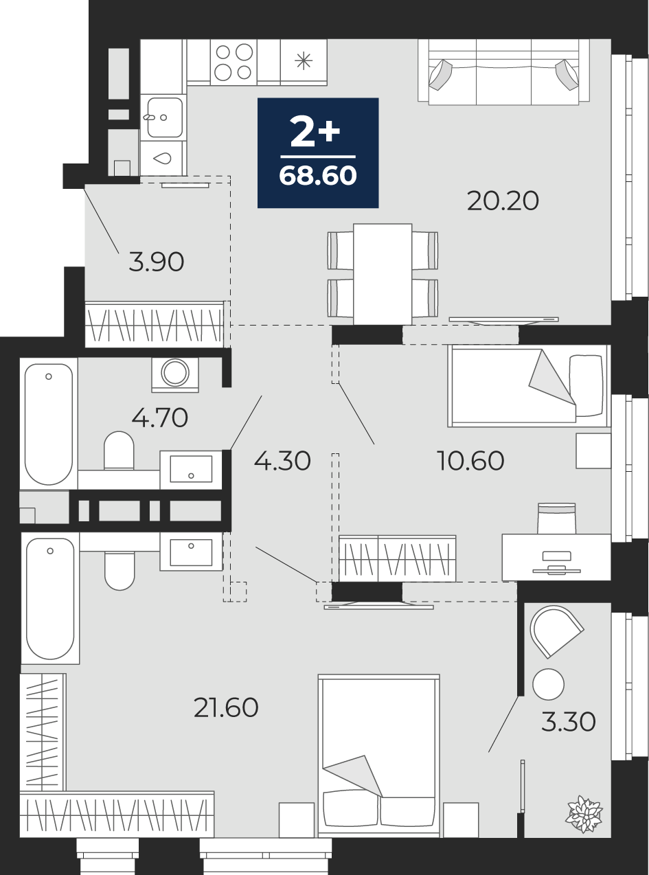 Планировка: Евротрешка 68.6 м² в ЖК Айвазовский, 5-й Заречный