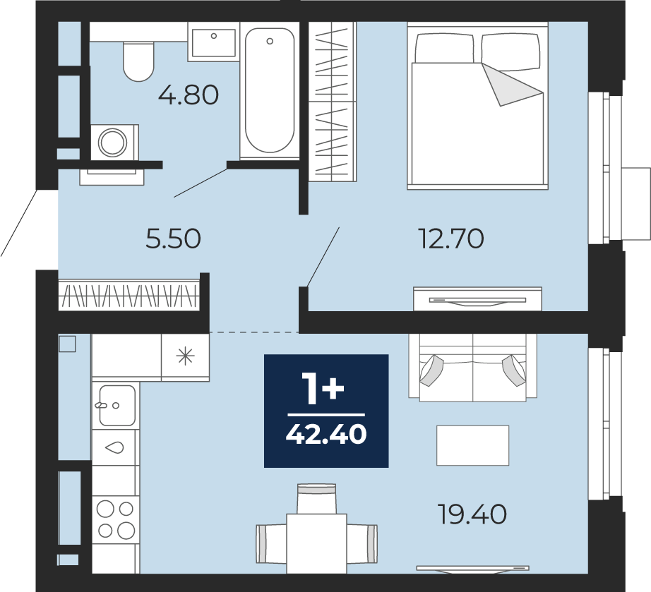 Планировка: Евродвушка 42.4 м² в ЖК Айвазовский, 5-й Заречный