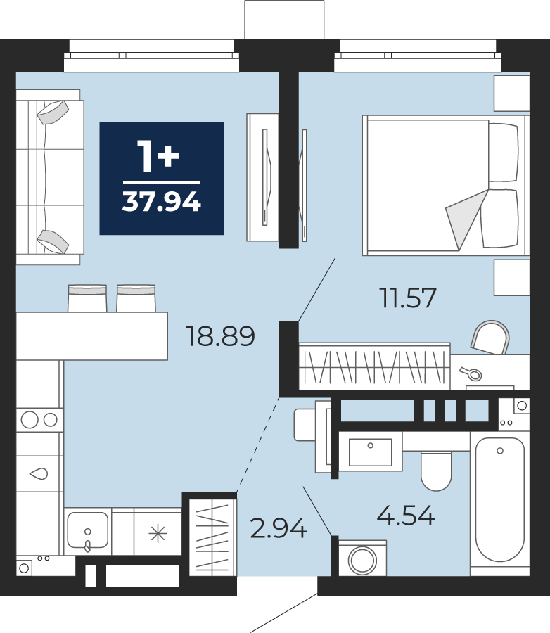 Планировка: Евродвушка 37.9 м² в ЖК Прео, Тюменская слобода