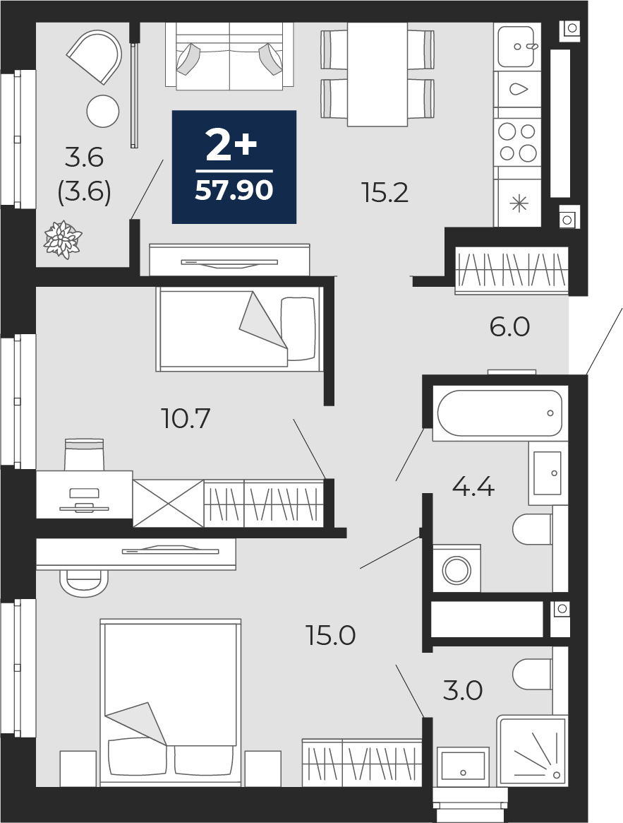 Планировка: Евротрешка 57.9 м² в ЖК Мириады, Мыс