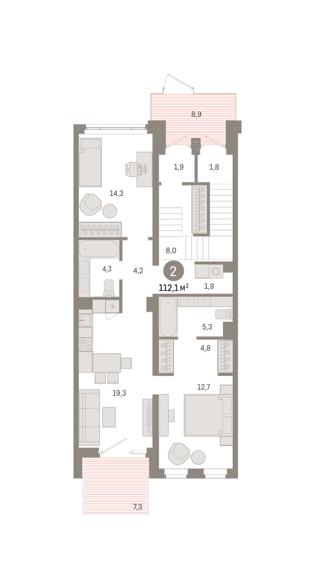 Планировка: Евротрешка 112.1 м² в ЖК Зарека, Заречный