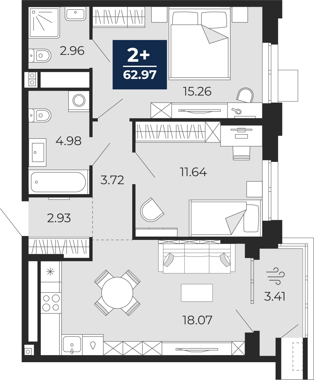 Планировка: Евротрешка 63 м² в ЖК Мириады, Мыс