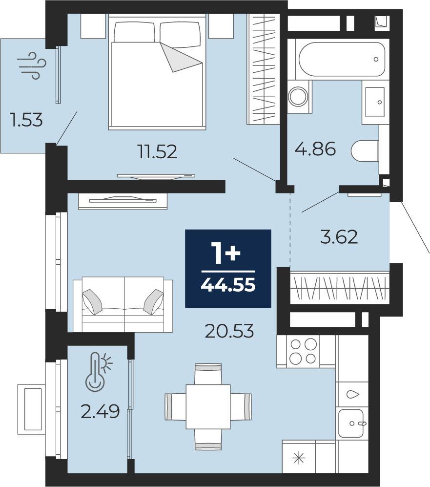 Планировка: Евродвушка 44.5 м² в ЖК Беринг, Лесобаза
