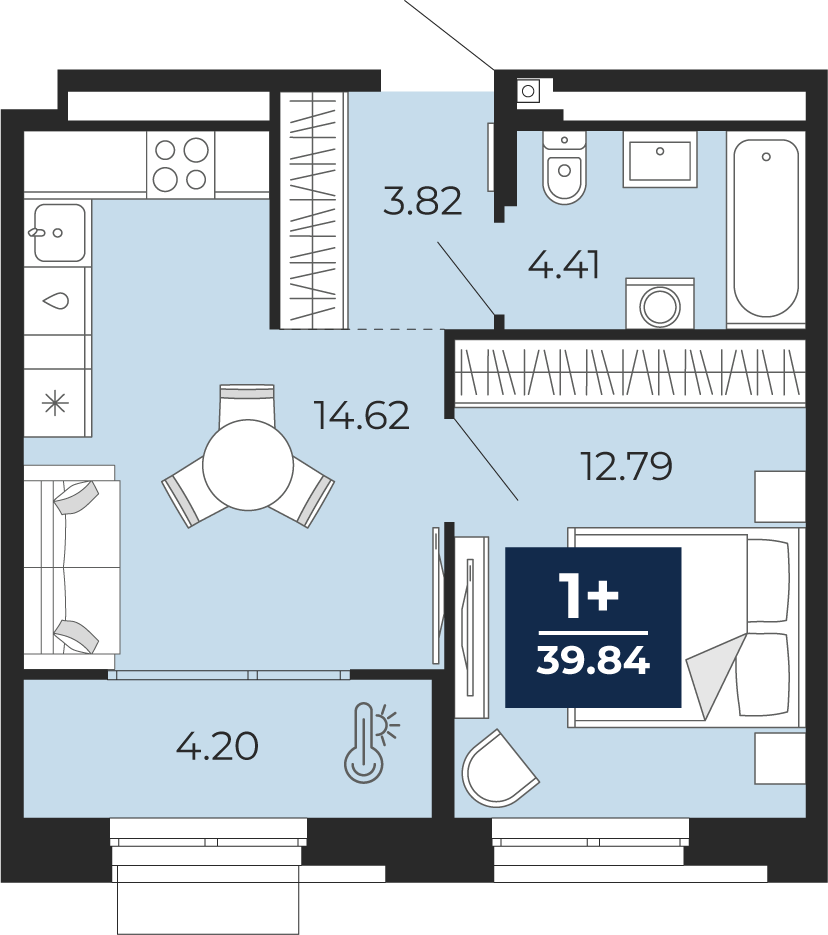 Планировка: Евродвушка 39.8 м² в ЖК Мириады, Мыс