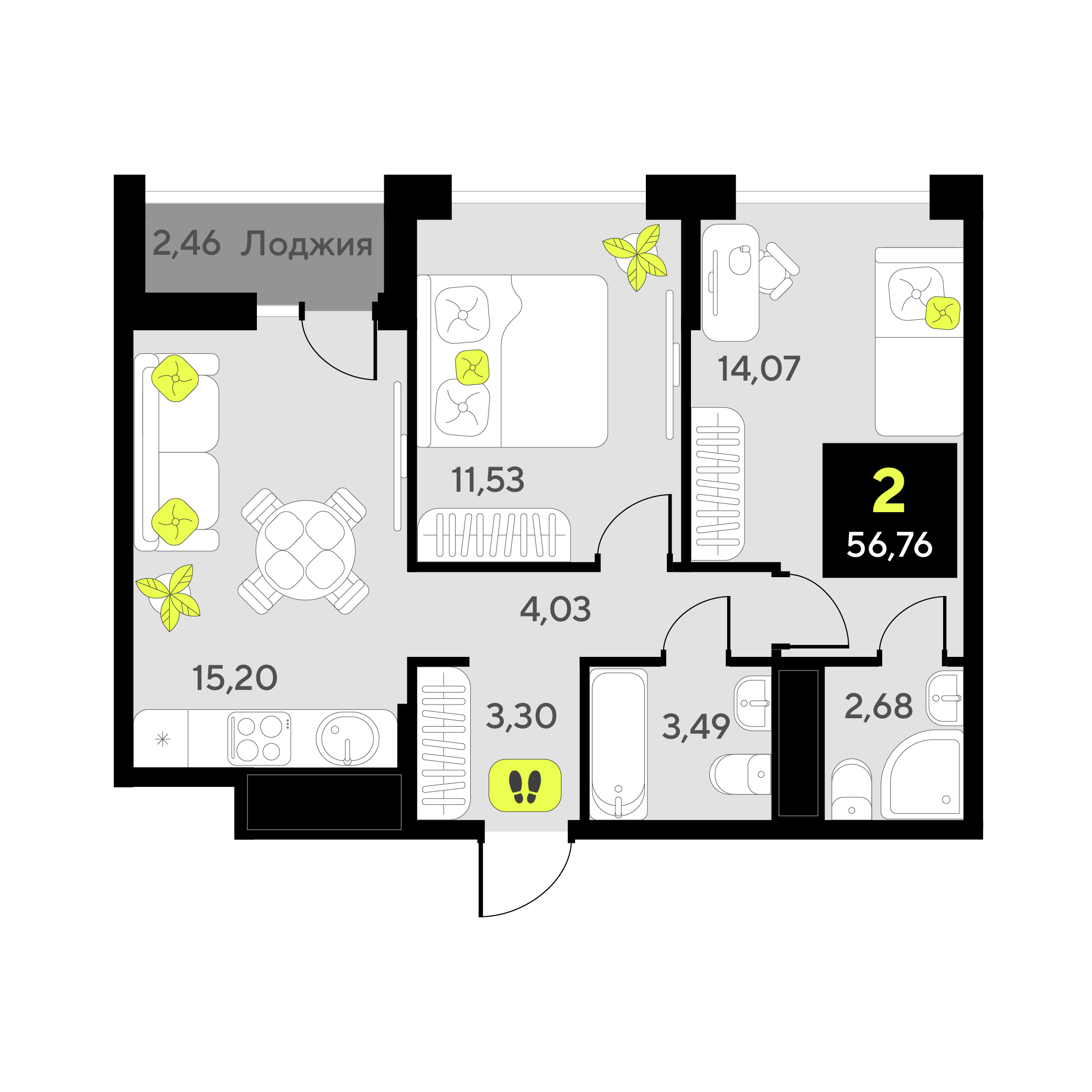 Планировка: Евротрешка 56.8 м² в ЖК Окинава, 5-й Заречный