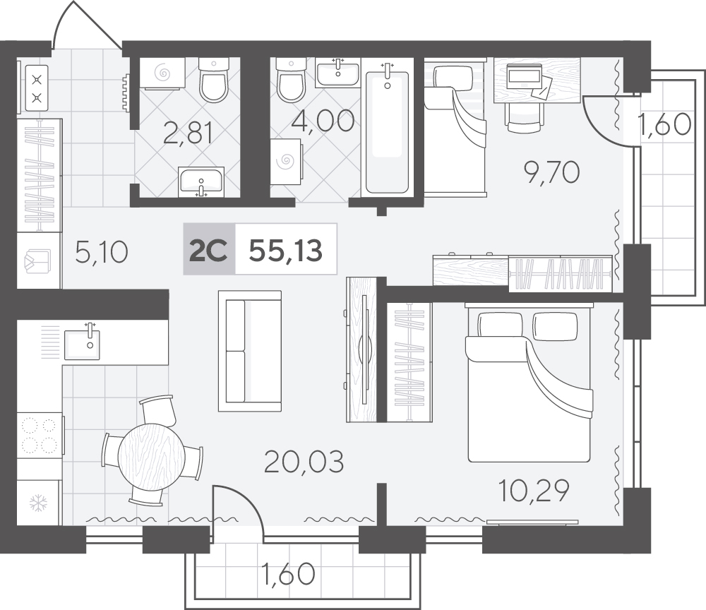 Планировка: Евротрешка 55.1 м² в ЖК Скандиа. Квартал в Комарово Парк, Комарово Парк