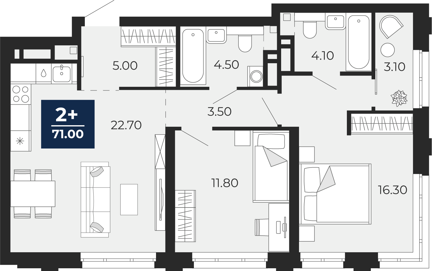 Планировка: Евротрешка 71 м² в ЖК Айвазовский, 5-й Заречный