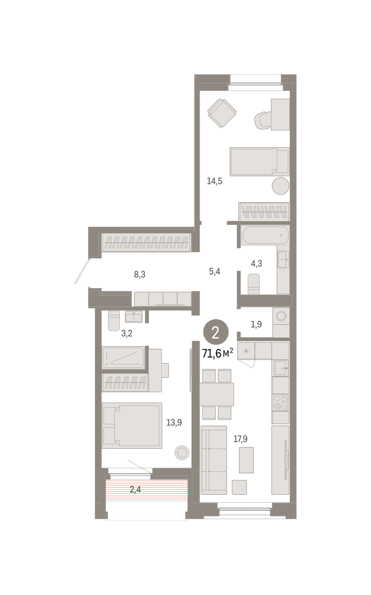 Планировка: 2-комнатная 71.6 м² в ЖК Зарека, Заречный