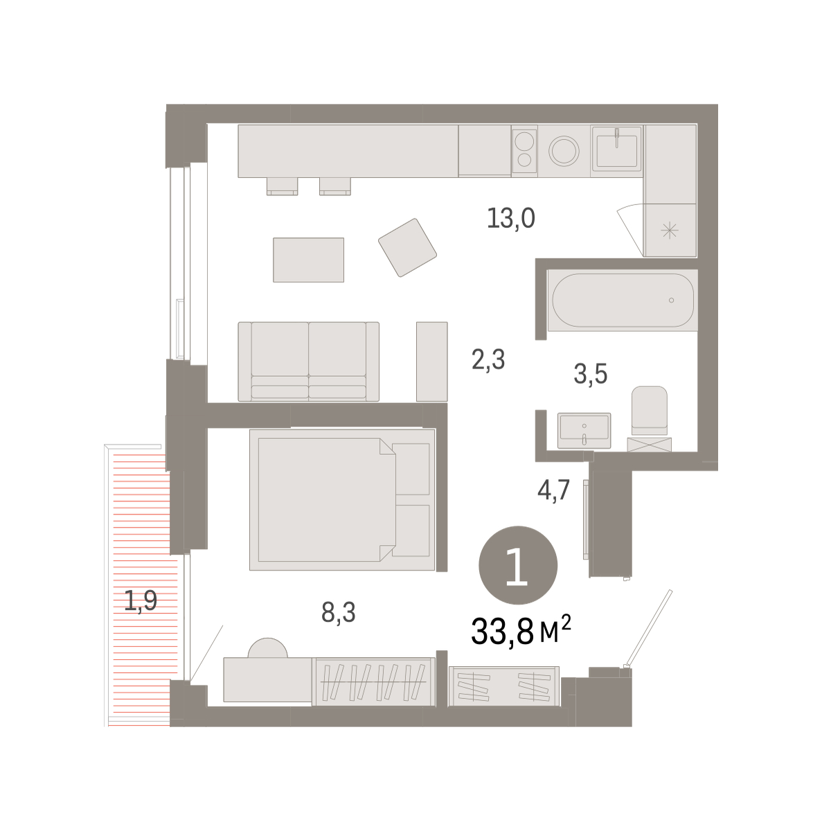 Планировка: Евродвушка 33.8 м² в ЖК Зарека, Заречный
