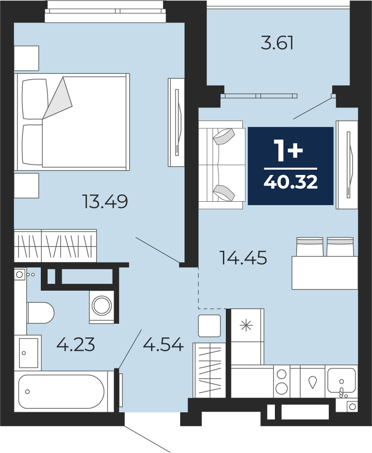Планировка: Евродвушка 40.3 м² в ЖК Прео, Тюменская слобода