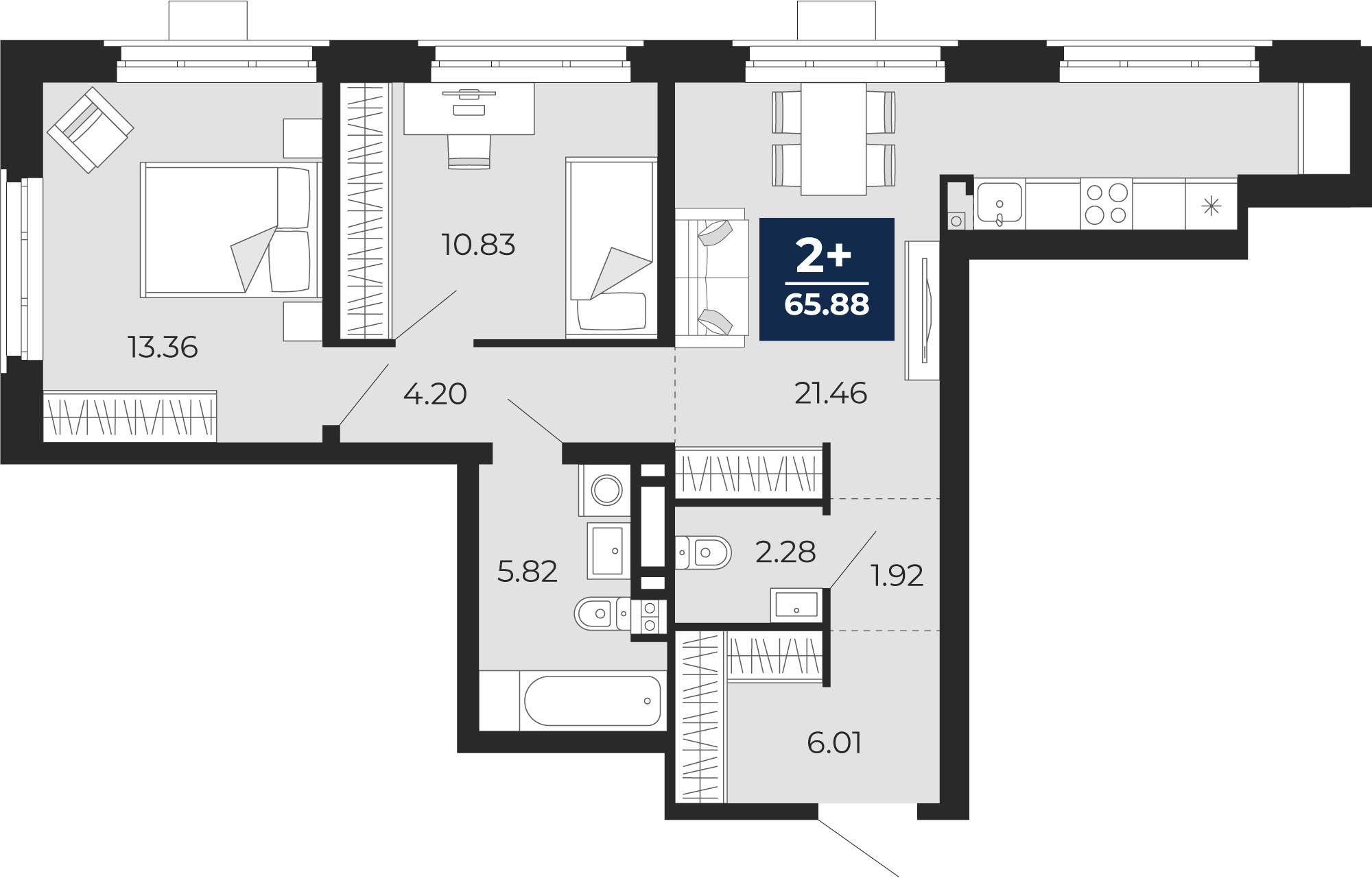 Планировка: Евротрешка 65.9 м² в ЖК Айвазовский, 5-й Заречный