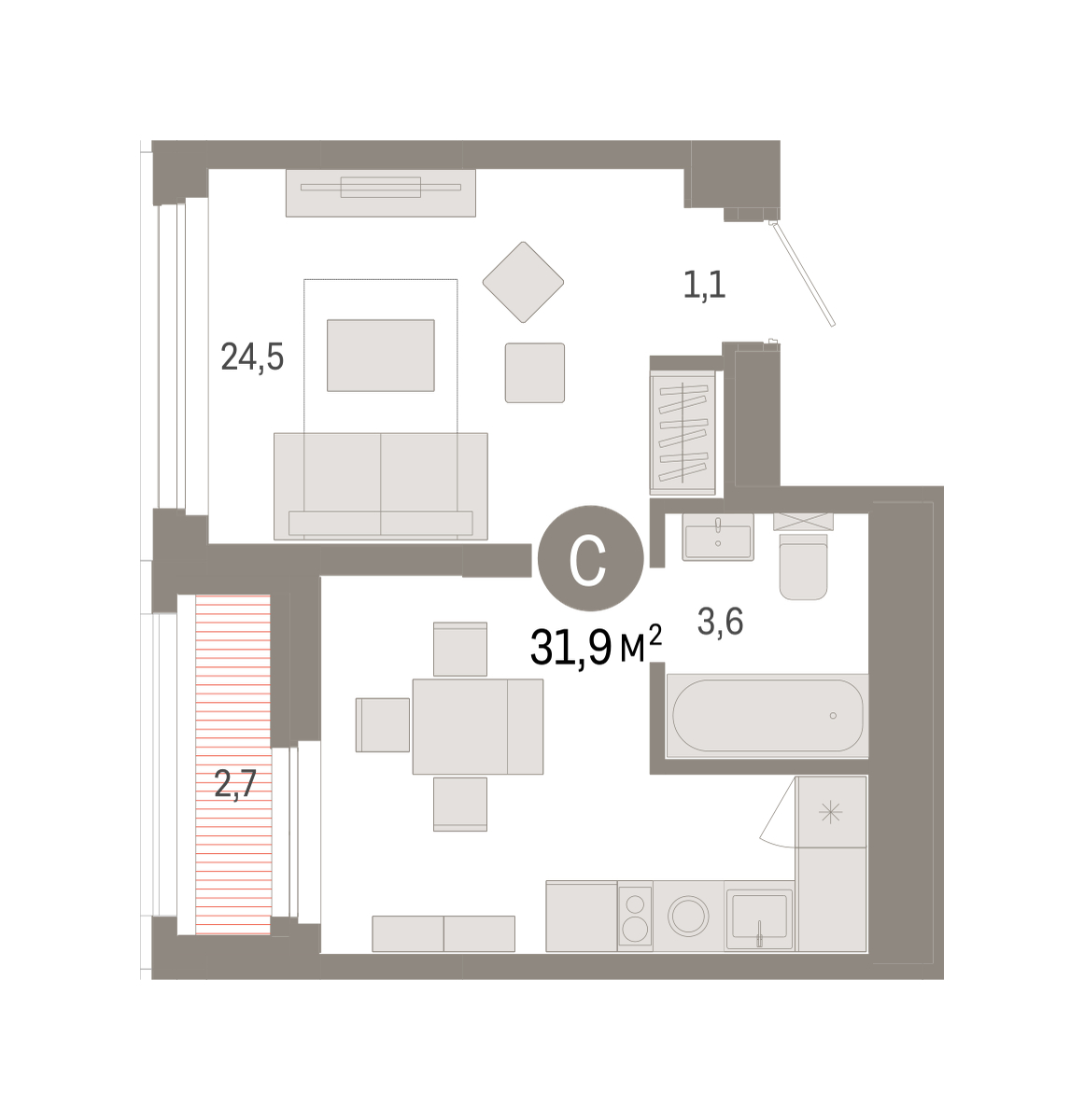 Планировка: Студия 31.9 м² в ЖК Зарека, Заречный
