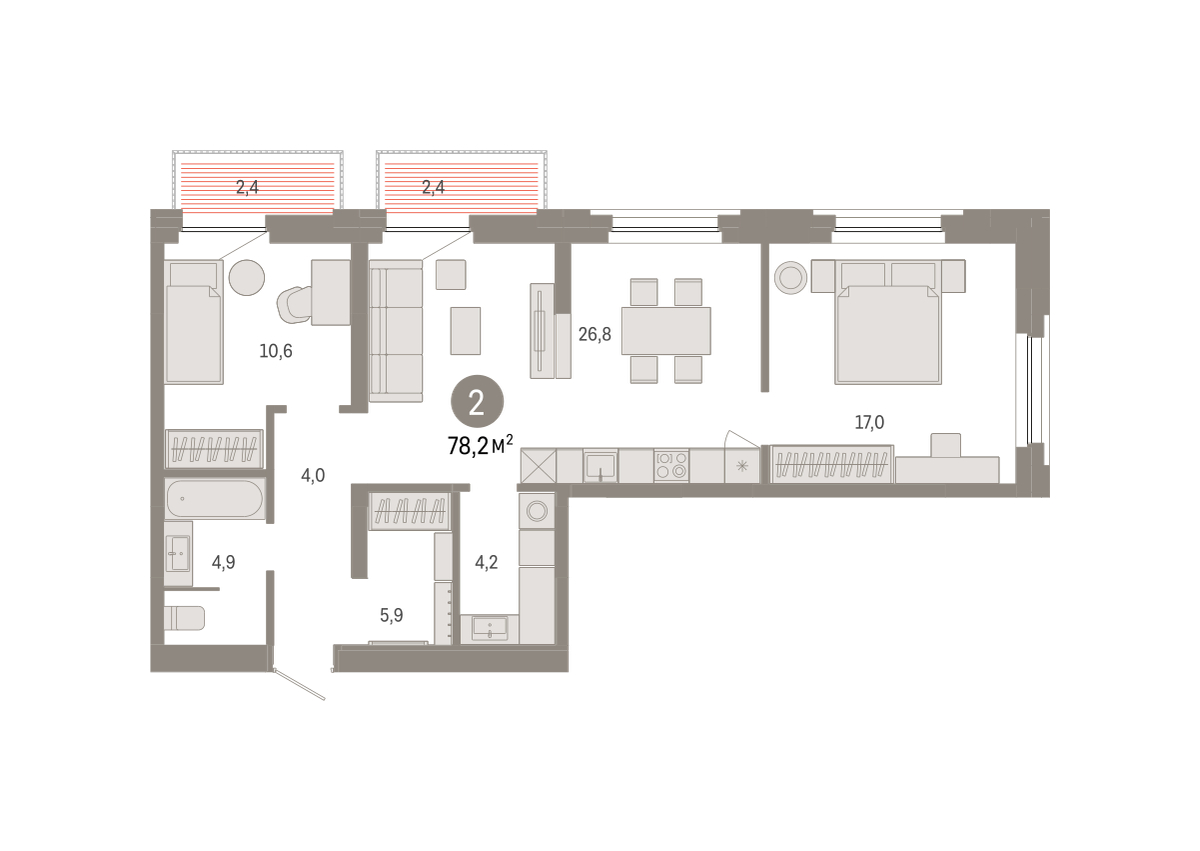 Планировка: 2-комнатная 78.2 м² в ЖК Зарека, Заречный