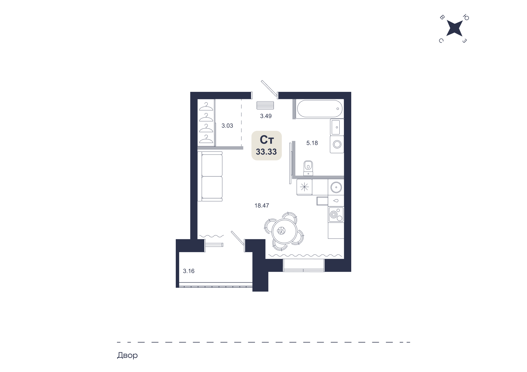 Планировка: Студия 33.3 м² в ЖК Хито, От Слободы до Комарово парк