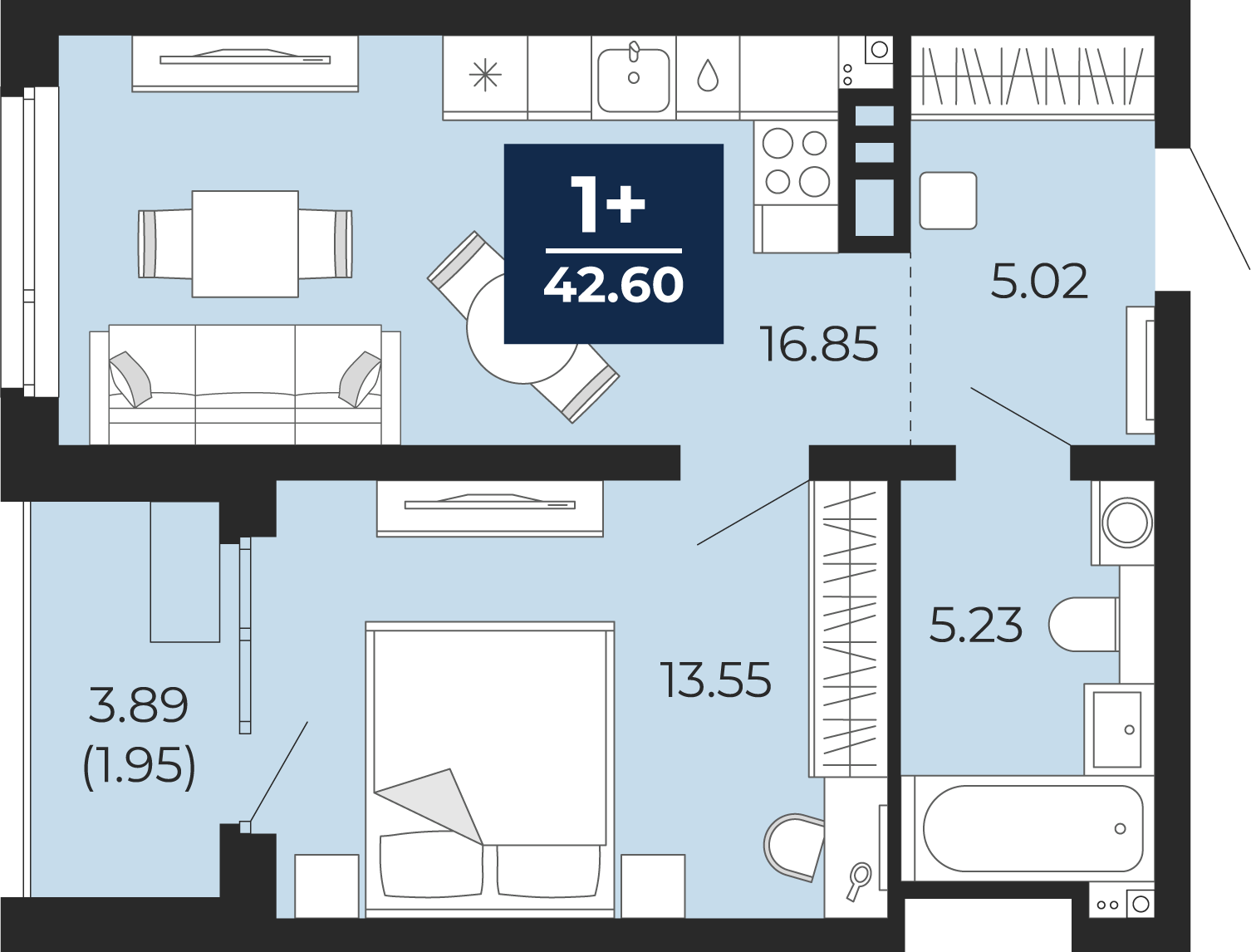 Планировка: Евродвушка 44.5 м² в ЖК Прео, Тюменская слобода