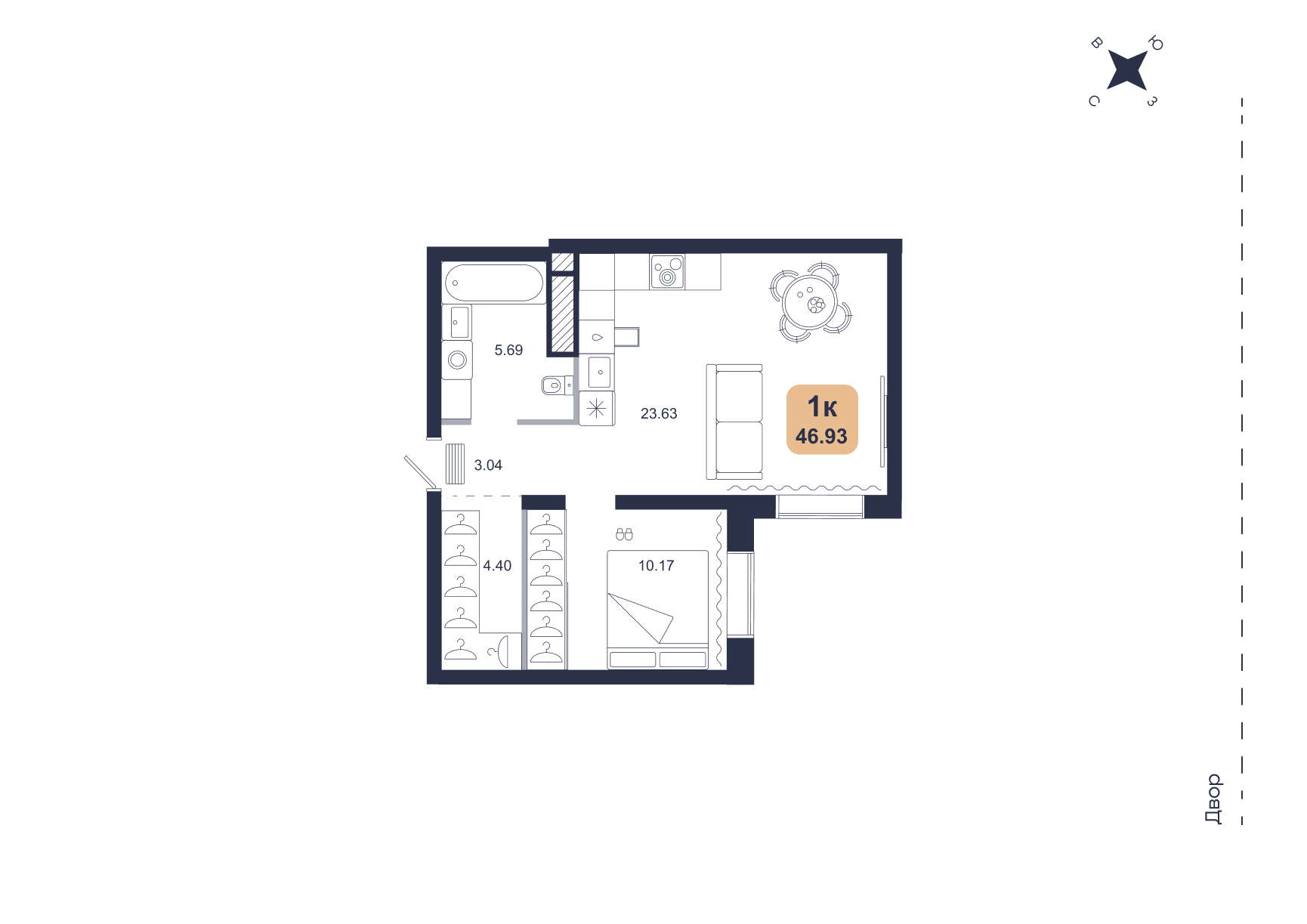 Планировка: Евродвушка 46.9 м² в ЖК Хито, От Слободы до Комарово парк