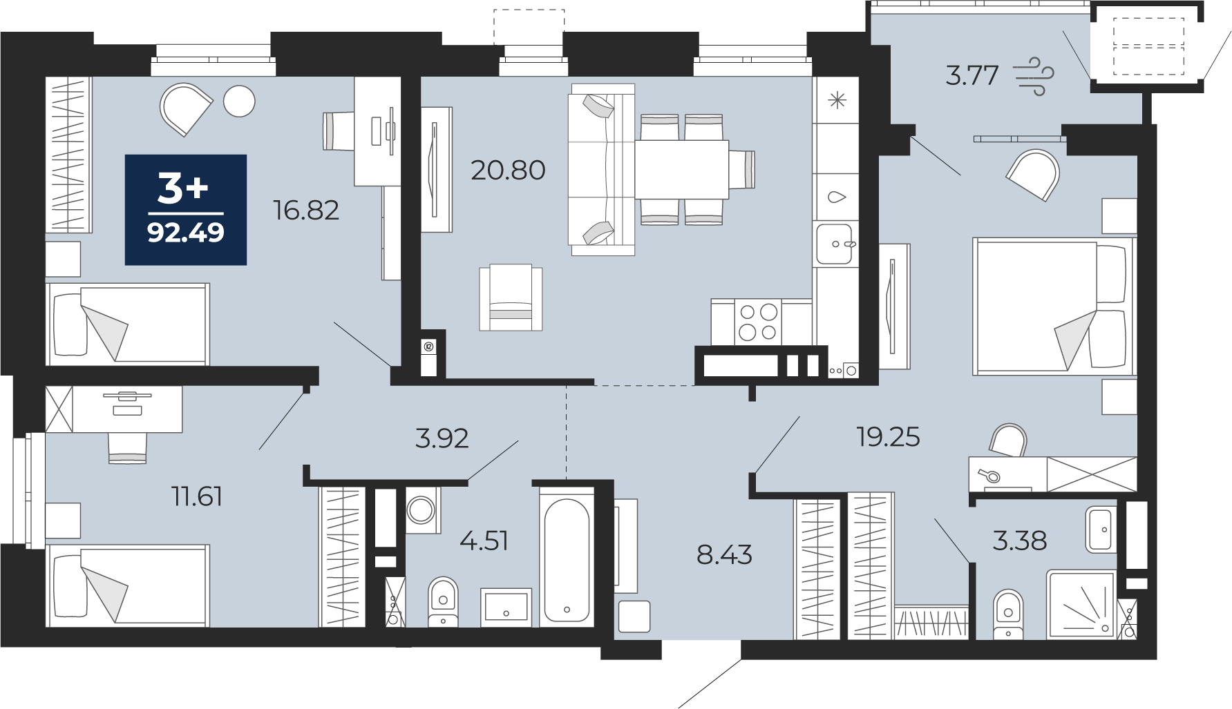 Планировка: 4-комнатная евро 92.5 м² в ЖК Мириады, Мыс