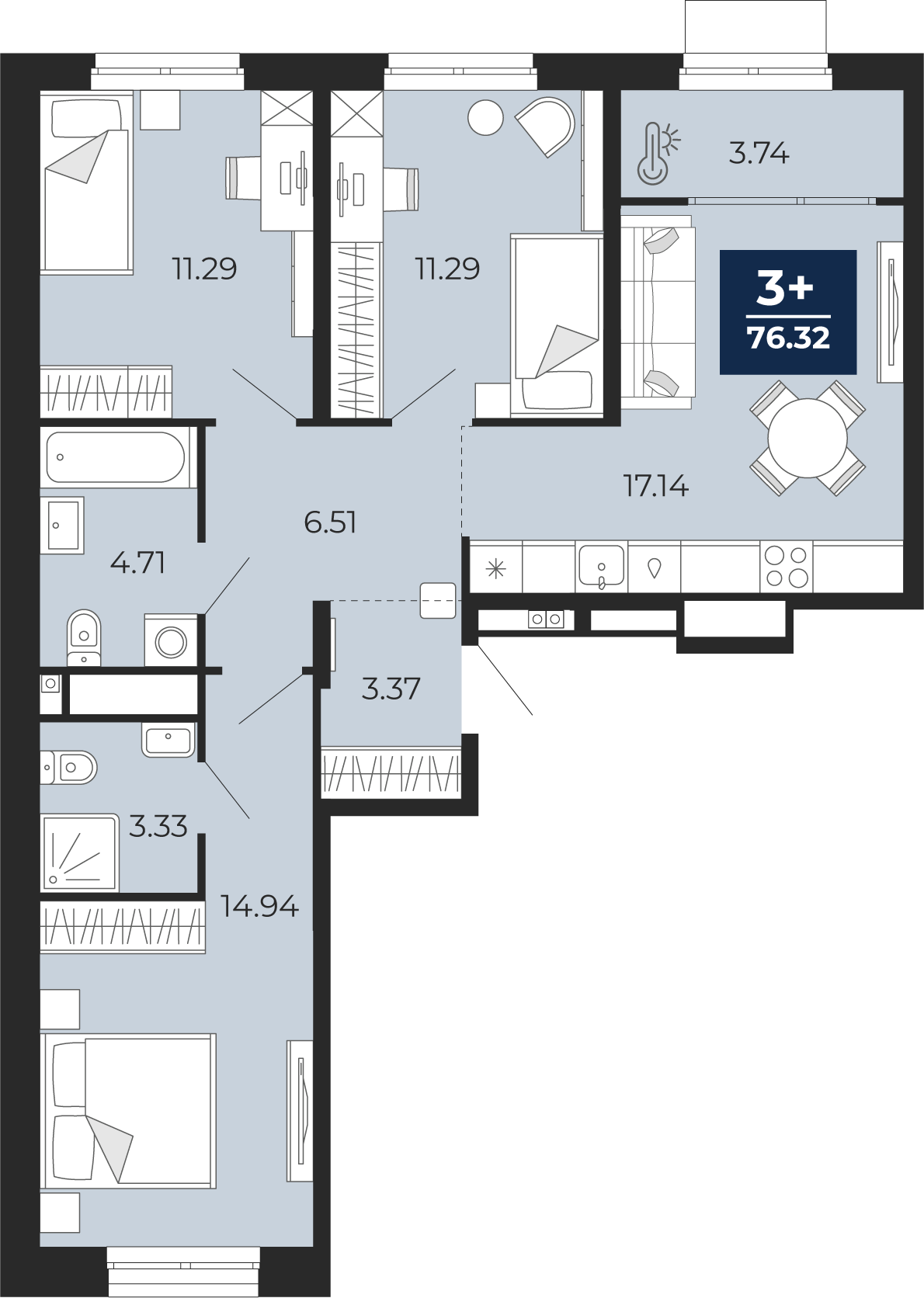 Планировка: 4-комнатная евро 76.3 м² в ЖК Мириады, Мыс