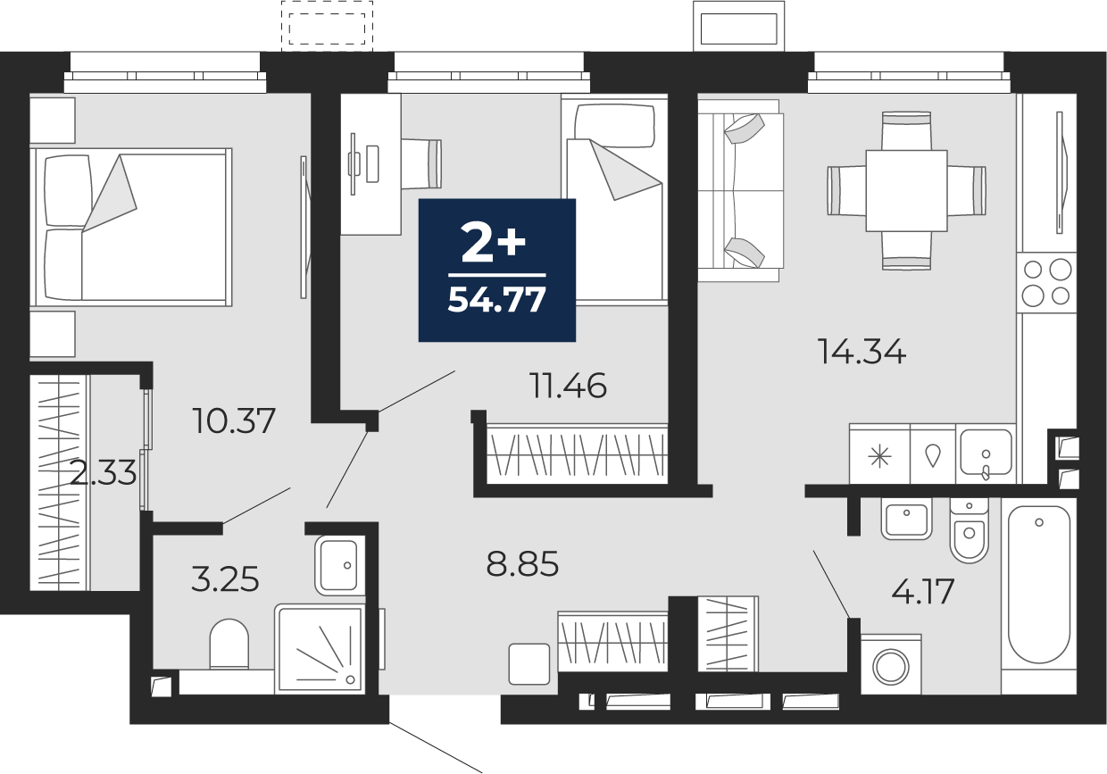 Планировка: Евротрешка 54.8 м² в ЖК Беринг, Лесобаза