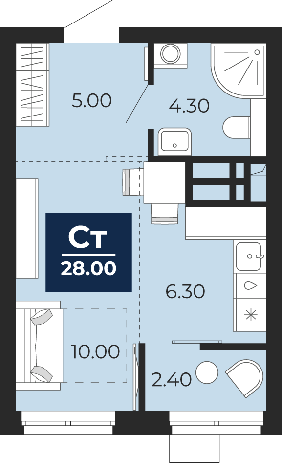Планировка: Студия 28 м² в ЖК Айвазовский, 5-й Заречный