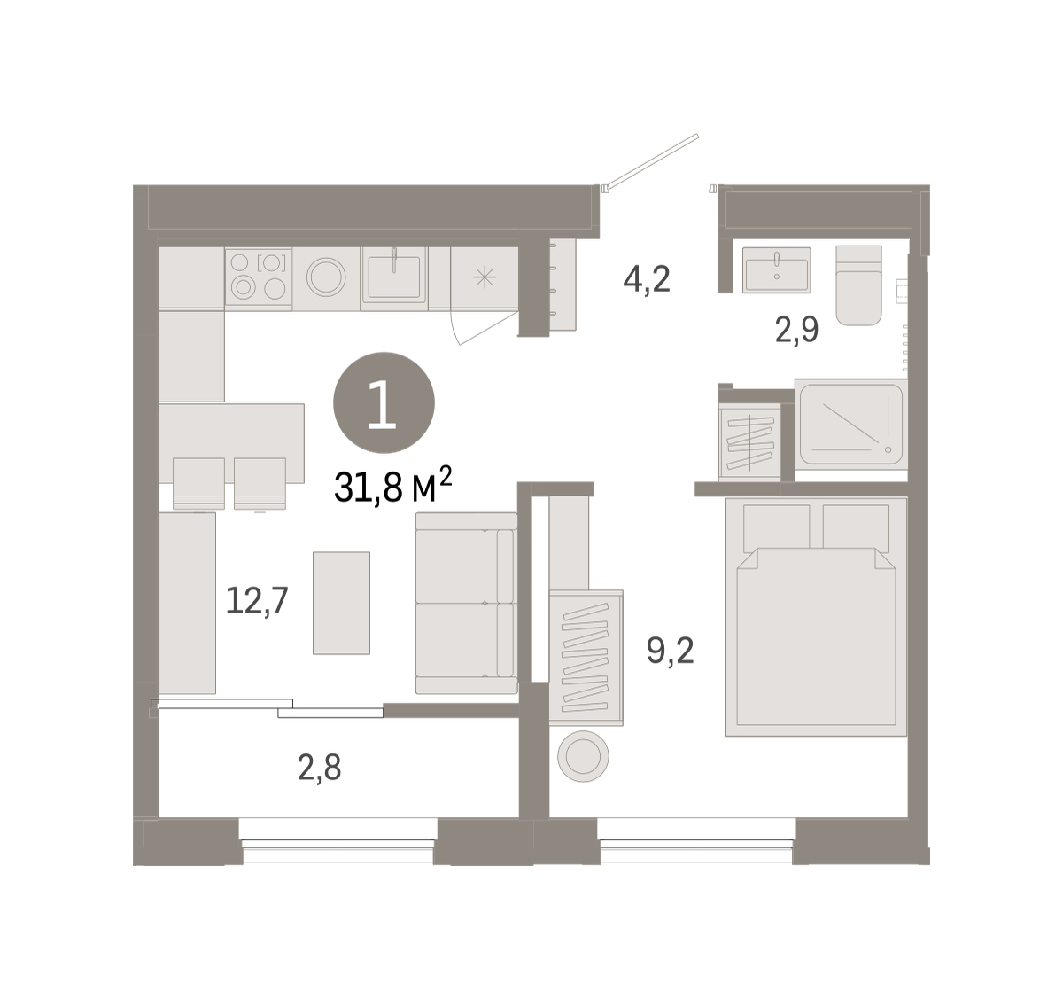 Планировка: 1-комнатная 31.8 м² в ЖК Октябрьский на Туре, ДОК