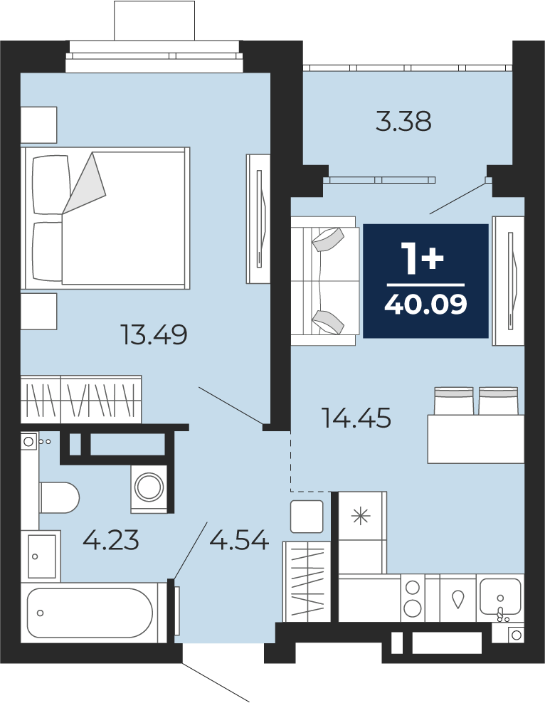 Планировка: Евродвушка 40.1 м² в ЖК Прео, Тюменская слобода