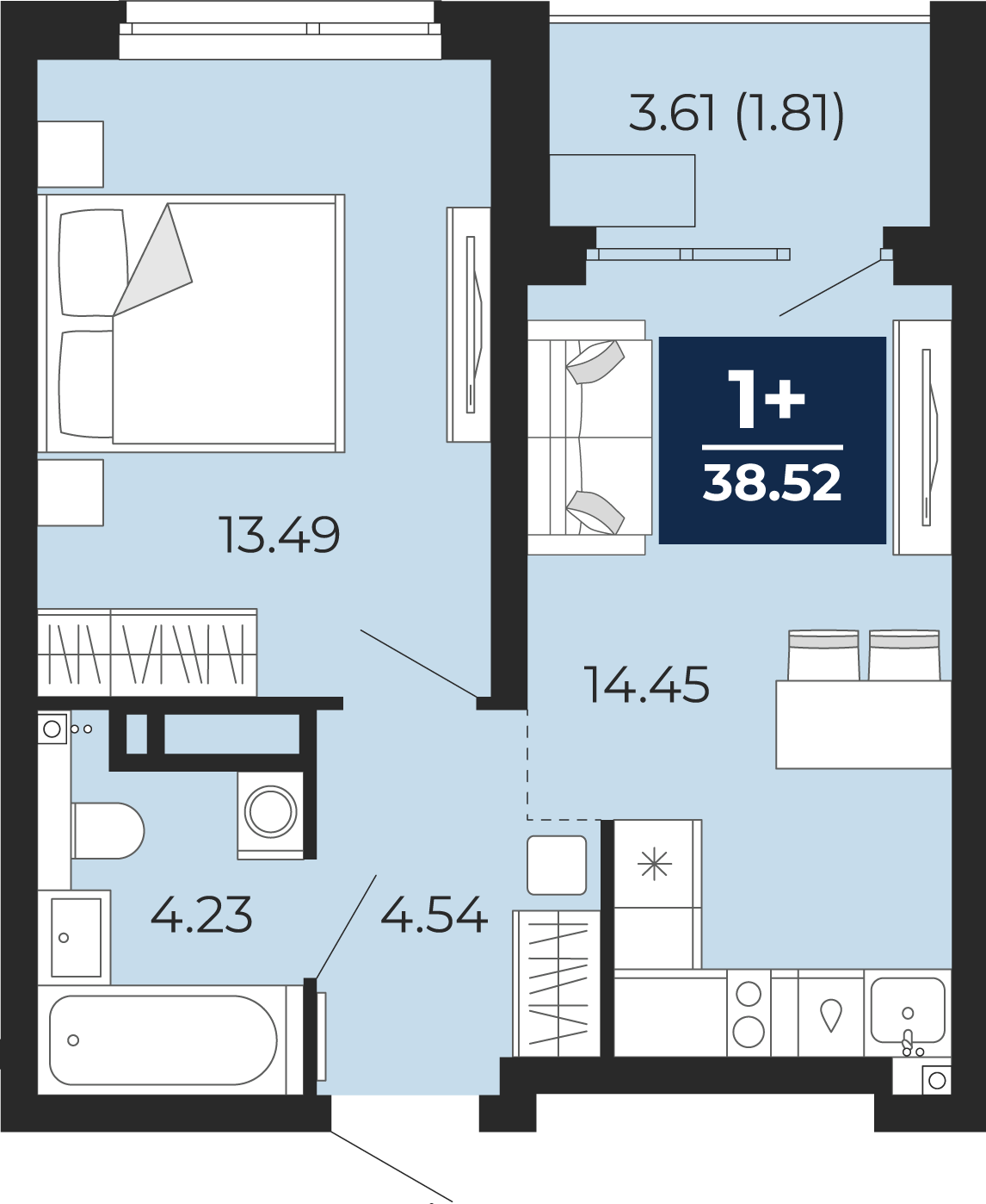 Планировка: Евродвушка 40.3 м² в ЖК Прео, Тюменская слобода