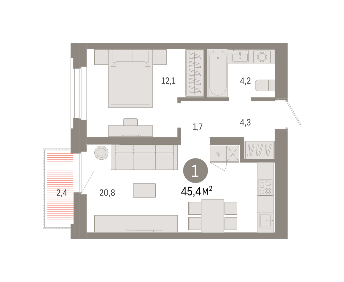 Планировка: Евродвушка 45.4 м² в ЖК Зарека, Заречный