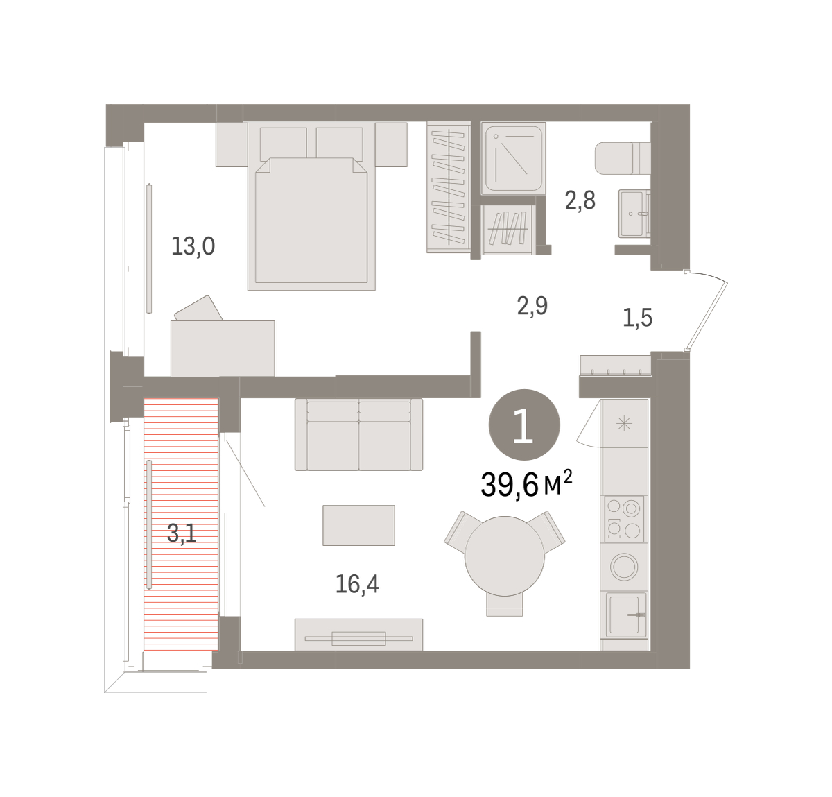 Планировка: Евродвушка 39.6 м² в ЖК На Минской, Центр: Драмтеатр