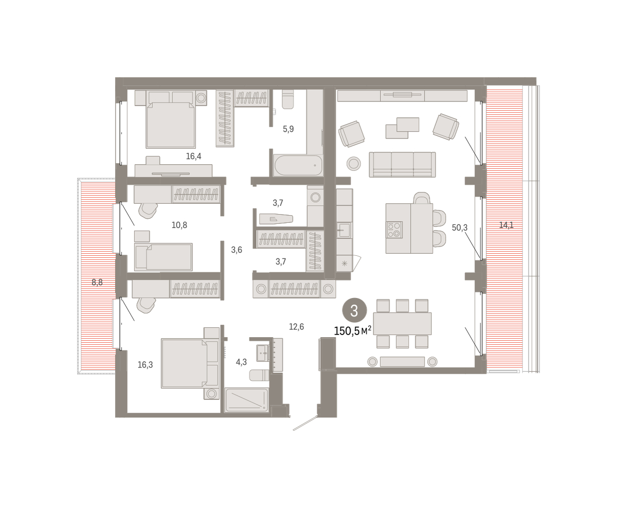 Планировка: 3-комнатная 150.1 м² в ЖК На Минской, Центр: Драмтеатр