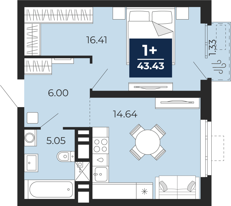 Планировка: Евродвушка 43.4 м² в ЖК Мириады, Мыс