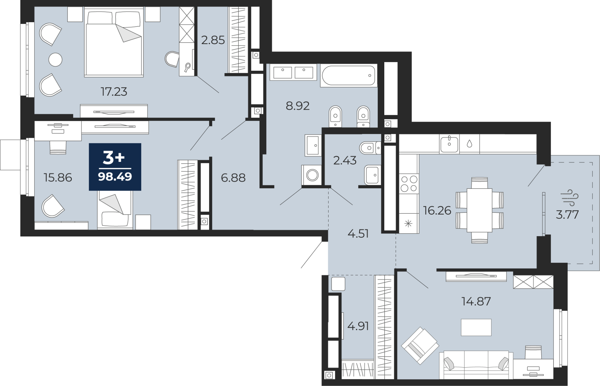 Планировка: 4-комнатная евро 98.5 м² в ЖК Мириады, Мыс