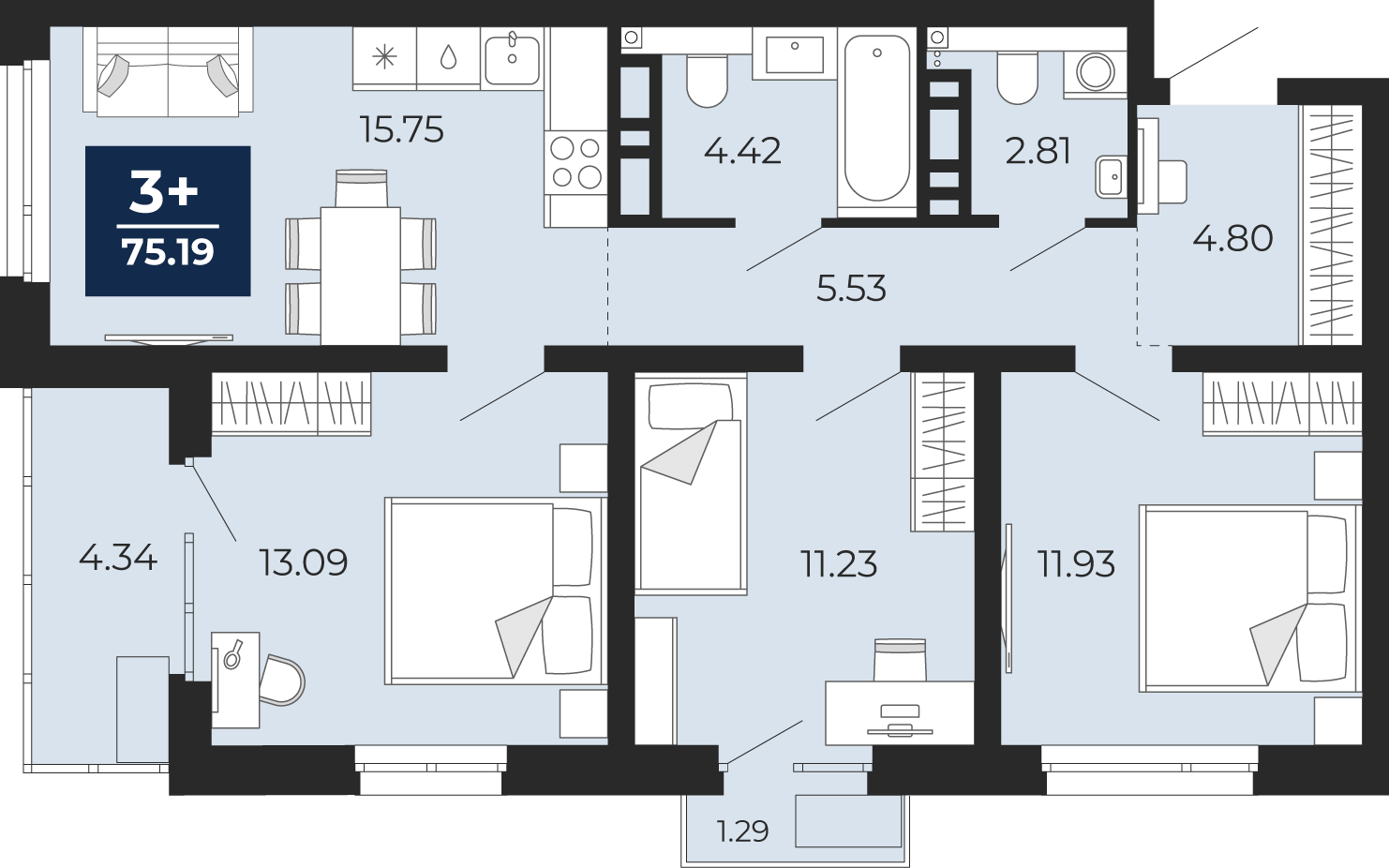 Планировка: 4-комнатная евро 75.2 м² в ЖК Прео, Тюменская слобода