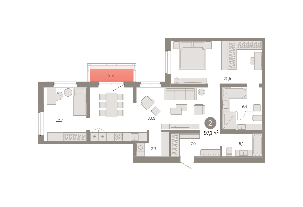 Планировка: Евротрешка 97.1 м² в ЖК На Минской, Центр: Драмтеатр