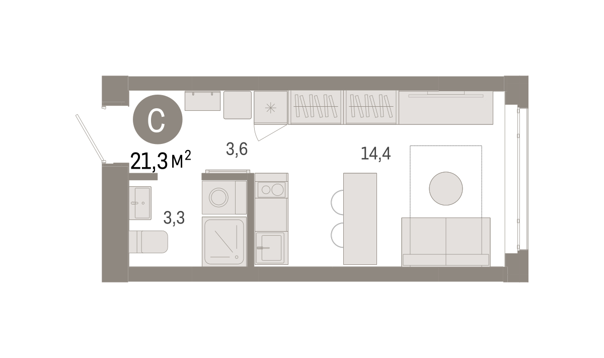 Планировка: Студия 21.3 м² в ЖК Республики 205, Центр: КПД