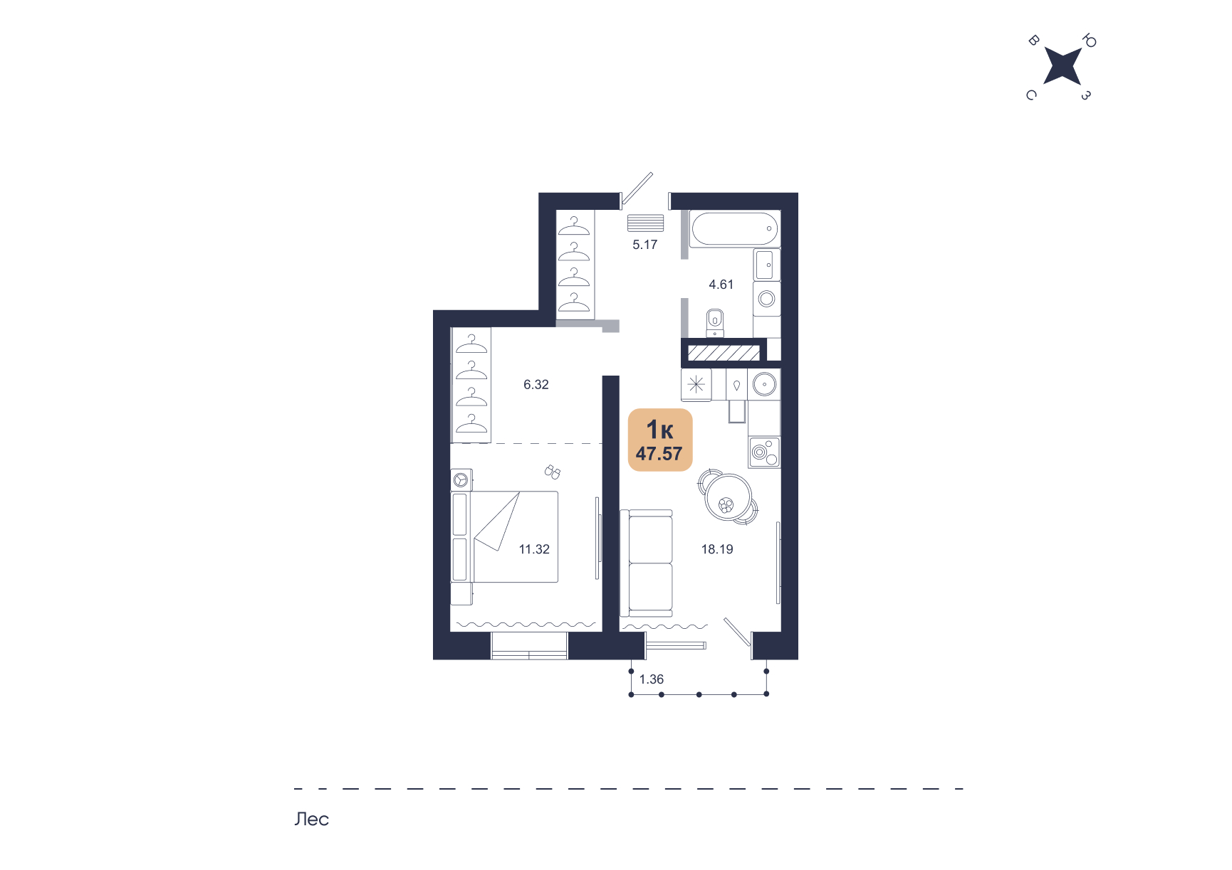 Планировка: Евродвушка 47.6 м² в ЖК Хито, От Слободы до Комарово парк