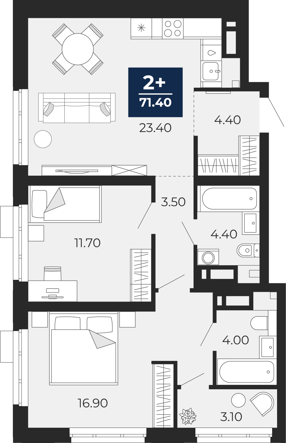 Планировка: Евротрешка 71.4 м² в ЖК Айвазовский, 5-й Заречный